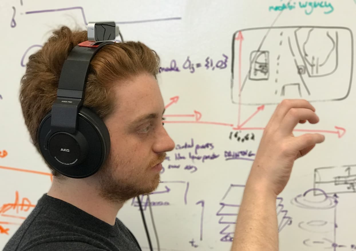 Headphone prototype with a Leap Motion controller mounted on the headband