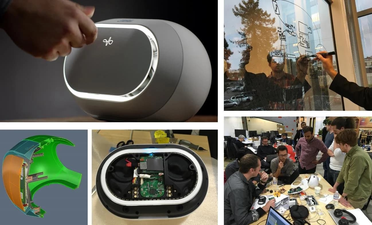 Collage of the JBL Soli project: the final speaker at Google I/O, development in HARMAN's FX lab, collaboration with Google ATAP, the packed casing and the CAD model