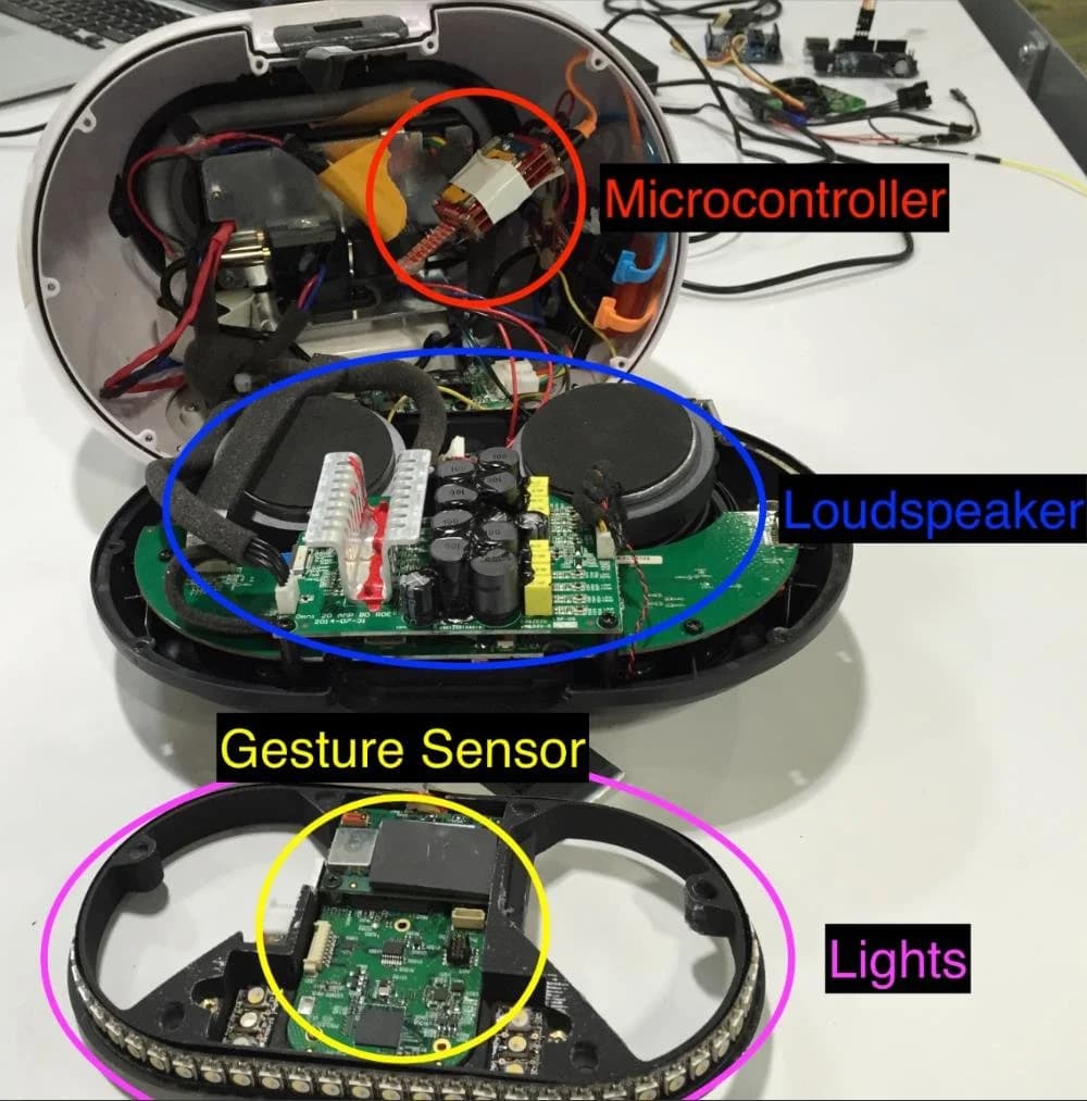Inside the JBL Soli speaker showing the radar module, electronics and LED assembly