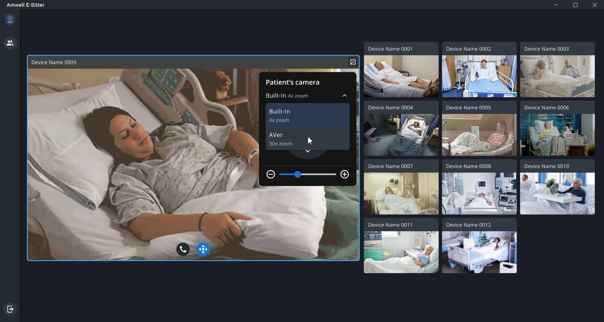 Camera selection popup showing a built-in 4x camera and an AVer 30x camera with PTZ controls behind it