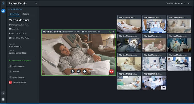 eSitter console with one patient enlarged in focus mode and interaction mode active