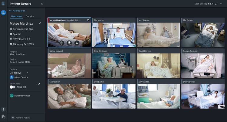 eSitter console showing a grid of twelve live patient video feeds with a patient detail panel on the left