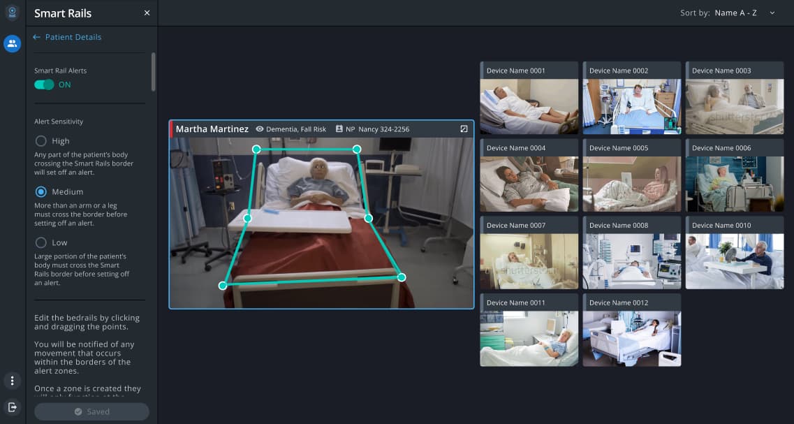 Smart Rails setup: a six-point polygon drawn around a hospital bed with alert sensitivity settings