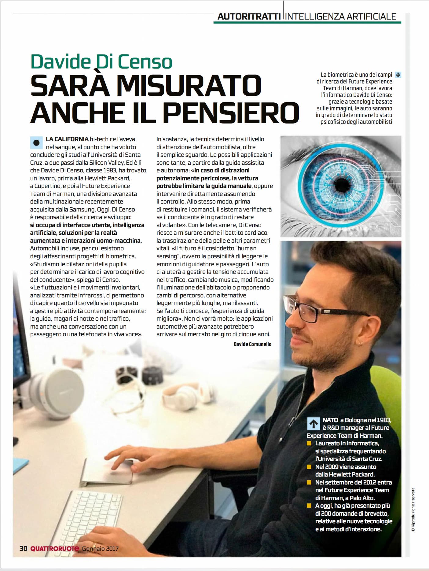 Article in the Italian magazine Quattroruote titled 'Sarà misurato anche il pensiero' featuring the pupil-based driver monitoring work