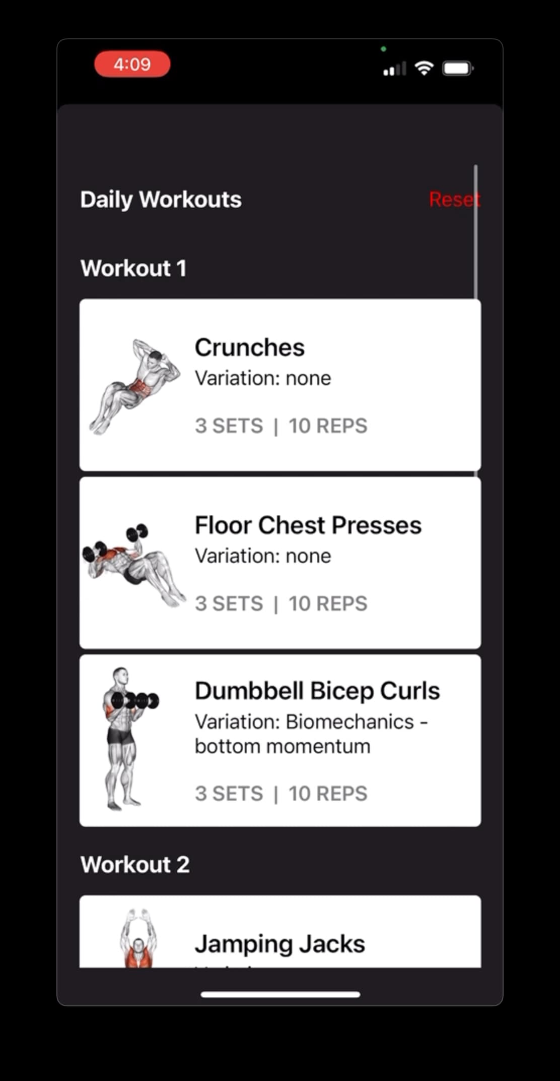 Internal data collection app, exercise selection screen