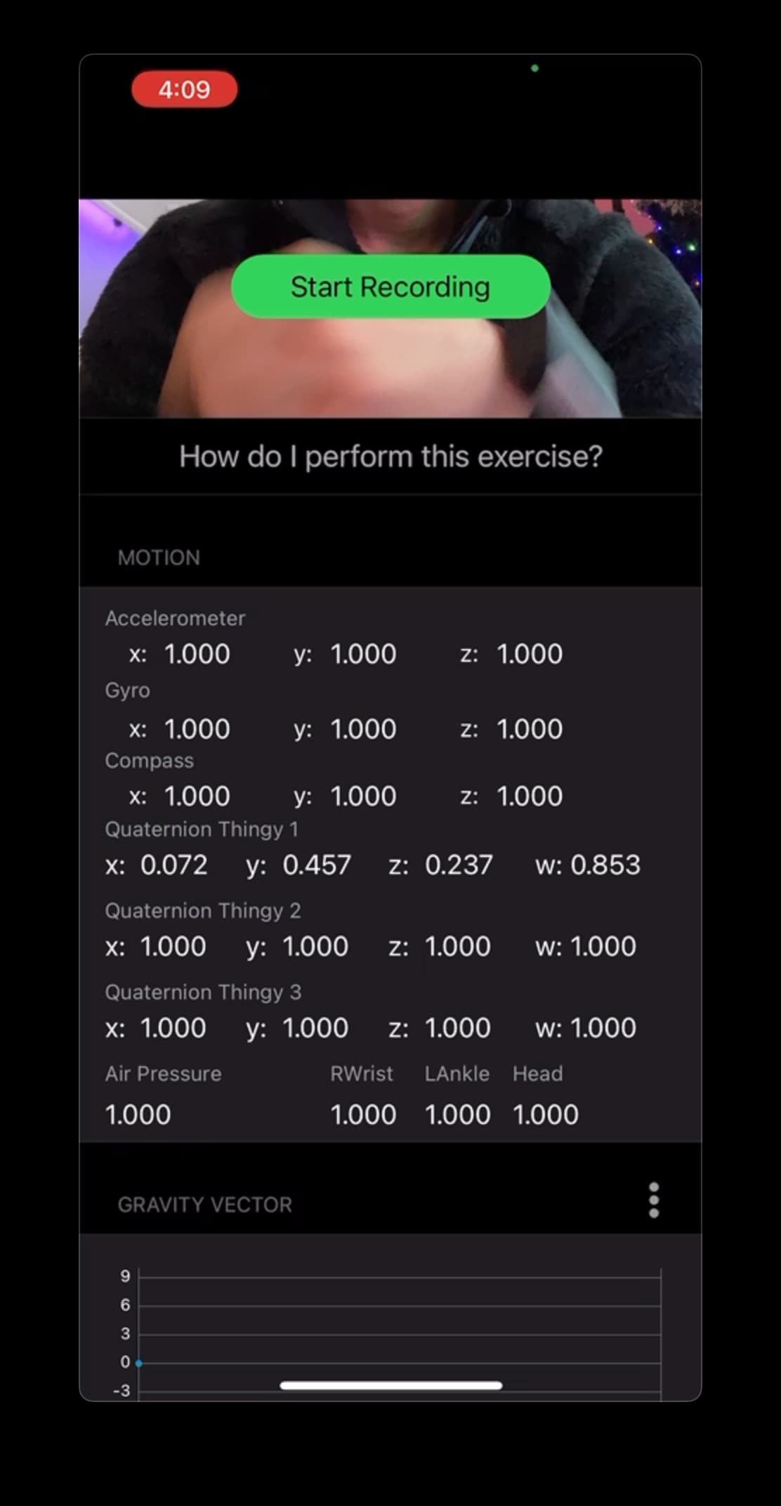 Internal data collection app, sensor status screen