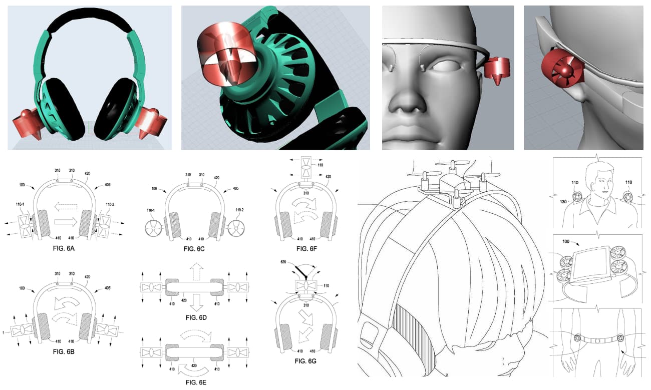 Illustrations and patent figures of fan and jet propulsion methods for nudging headphones